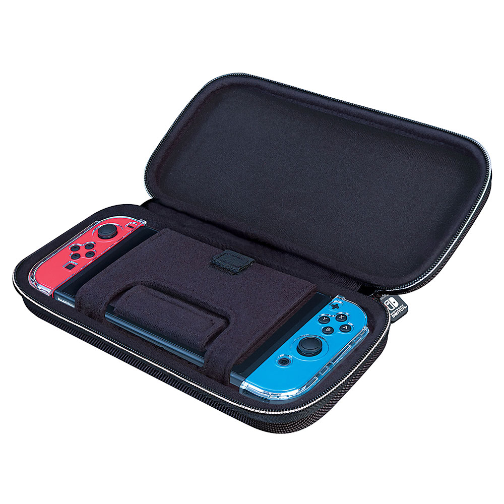 Un estuche negro, abierto, con mandos de juego rojos y azules dentro.