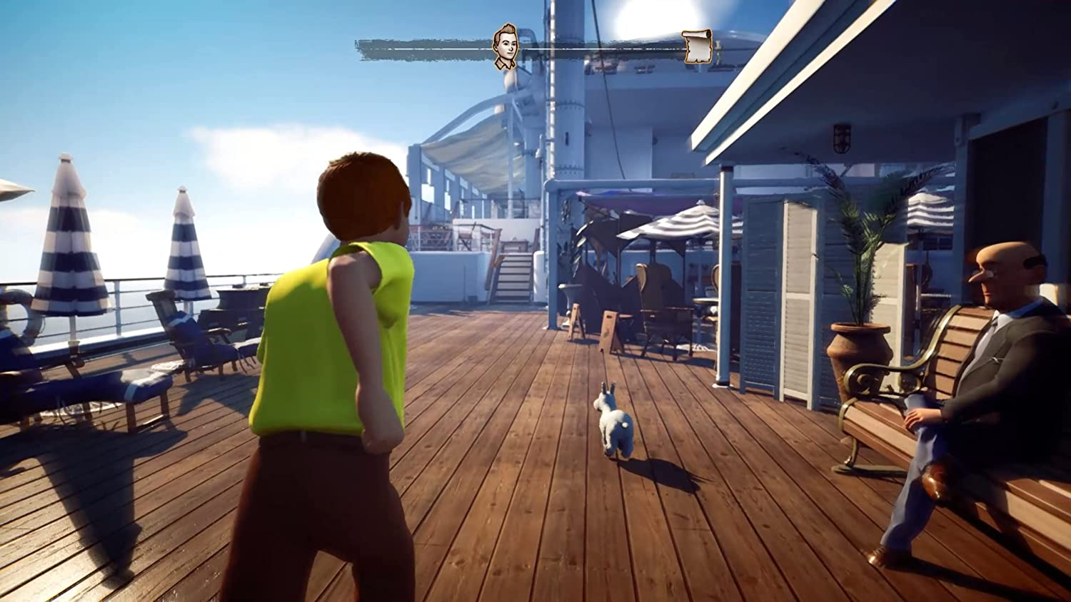 Un niño corre en la cubierta de un barco. Un perro corre delante. Un hombre mayor está sentado en un banco.