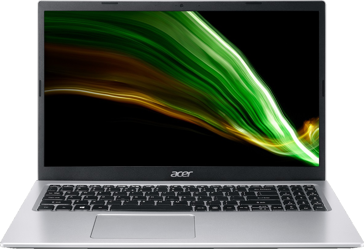 Ezüst laptop nyitva, billentyűzet látható, zöld és sárga absztrakt dizájnnal, fekete háttérrel.