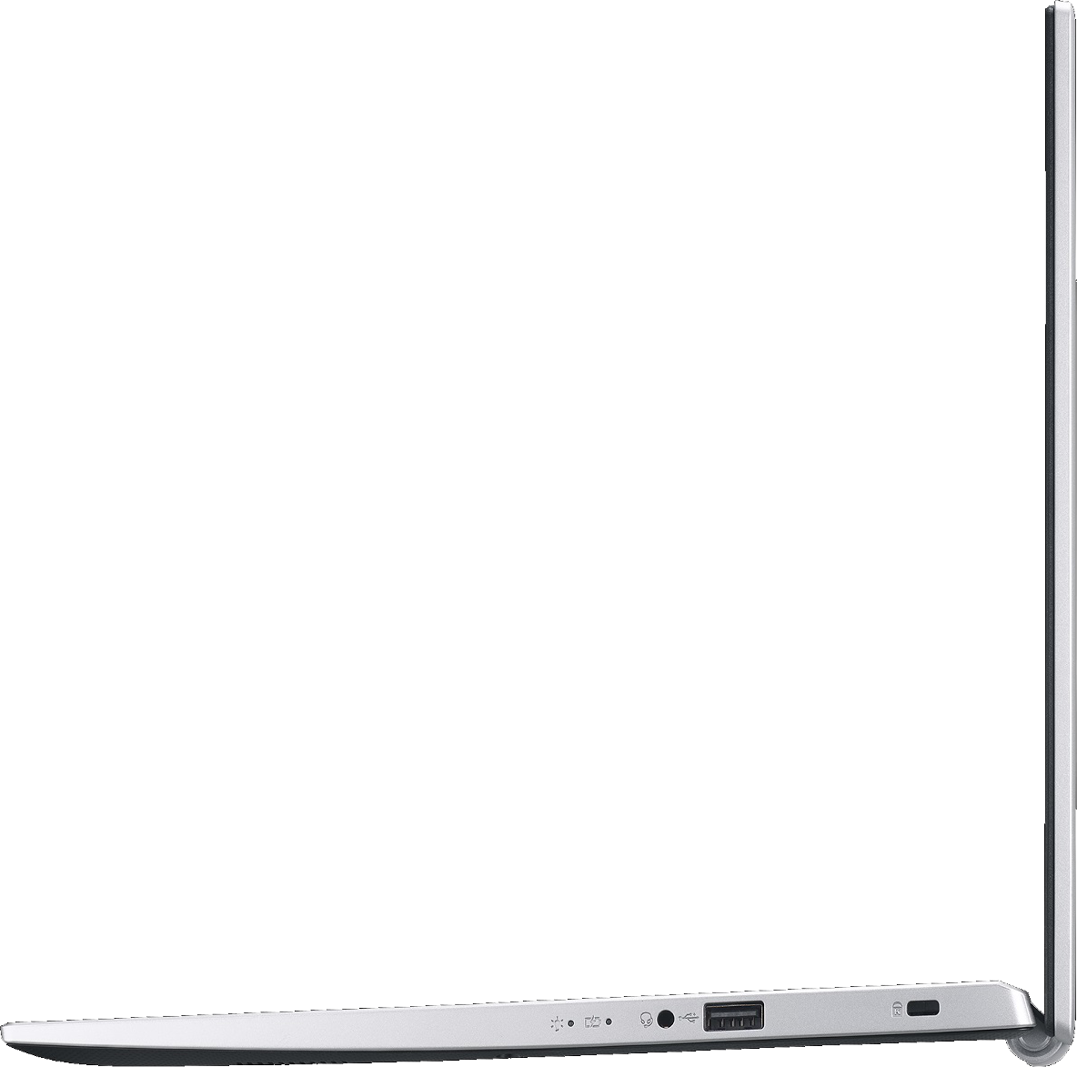 Egy ezüst laptop oldalsó nézete fekete képernyővel. A laptop le van zárva.