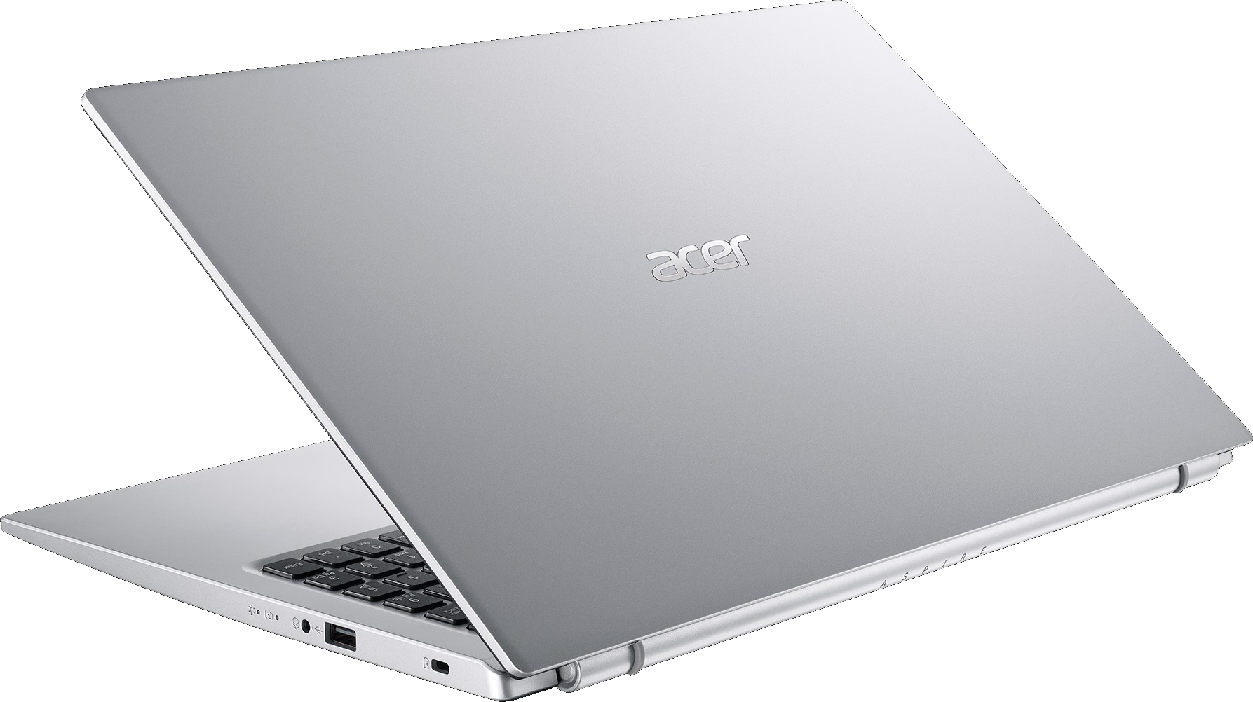 Ezüst laptop, nyitott, hátulnézet. Az Acer logója látható. Fekete háttér.