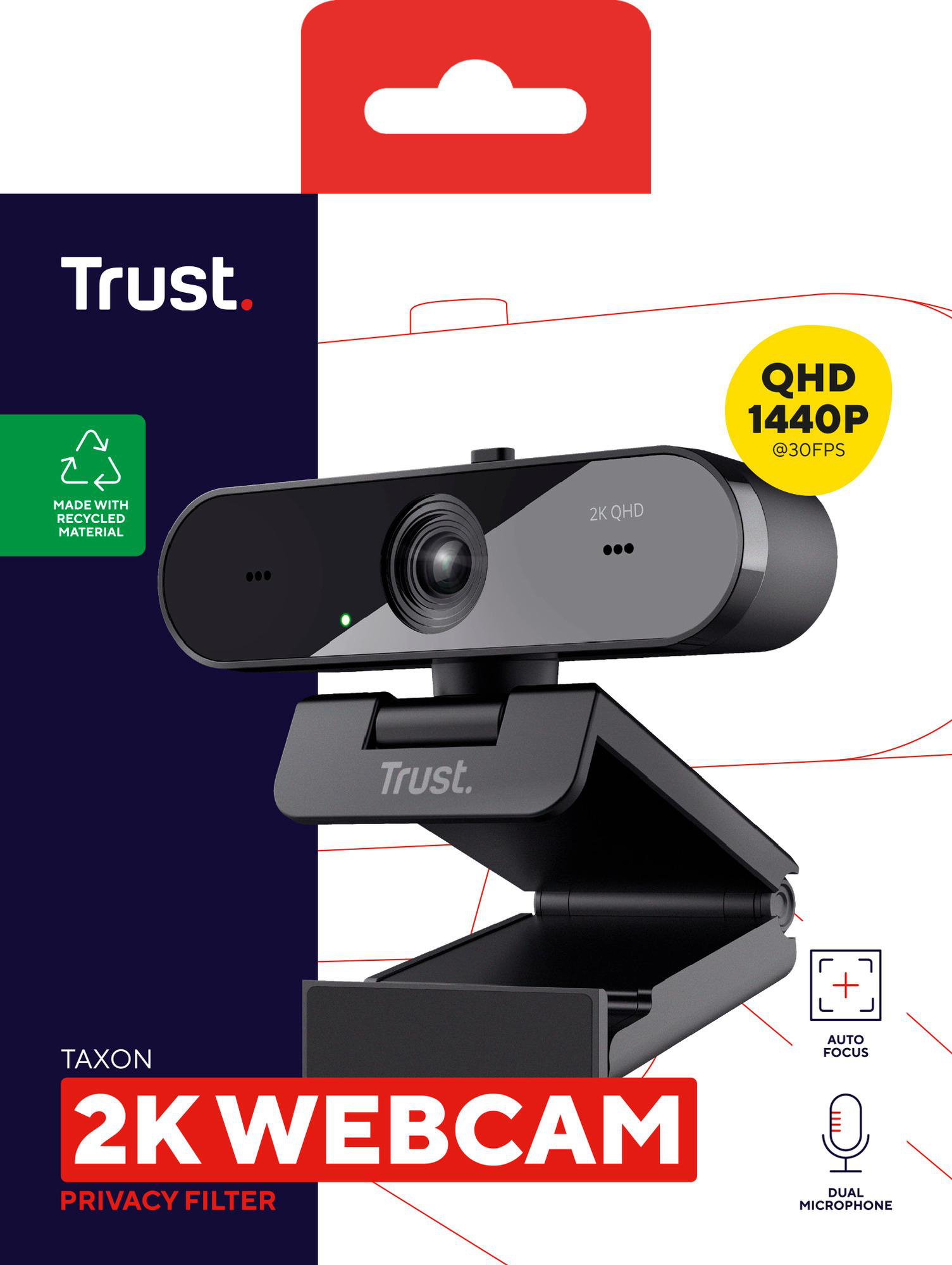 Webcam TRUST 2K 2 und Blickschutzfilter Taxon Autofocus, QHD, Mikrofonen