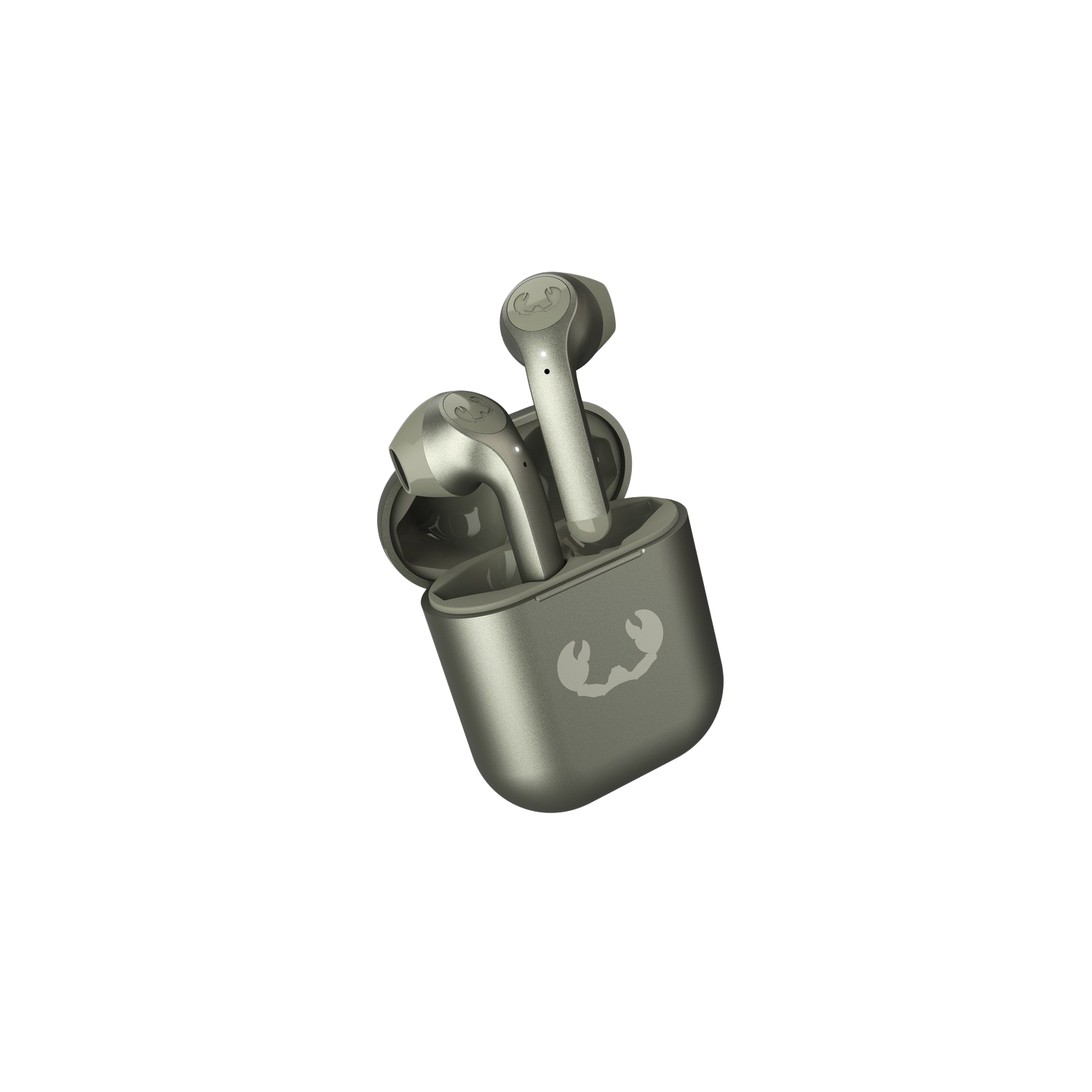 Zilveren oordopjes in een zilveren hoesje. De hoes heeft een logo. Zwarte achtergrond.