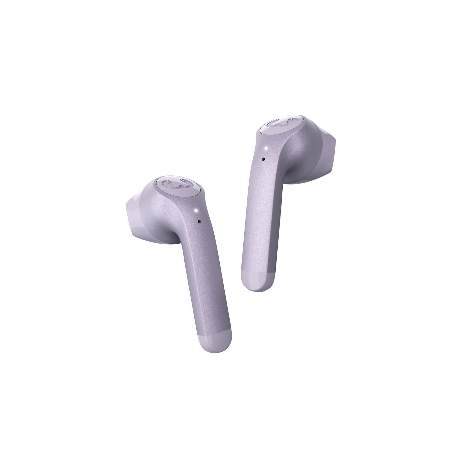 Two wireless earbuds, angled slightly upward. The color is a light purple.
