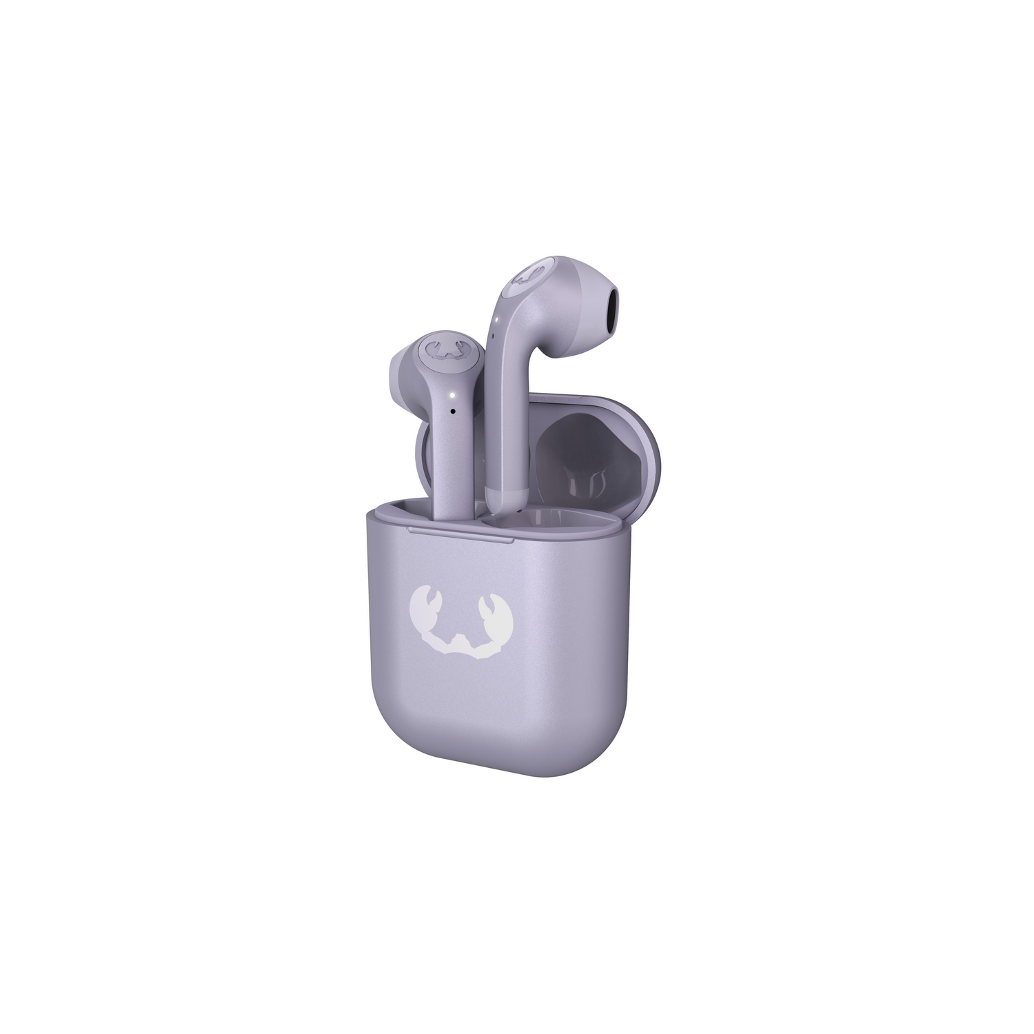Purple earbuds in a purple case. The earbuds are light purple, and the case has a white logo.
