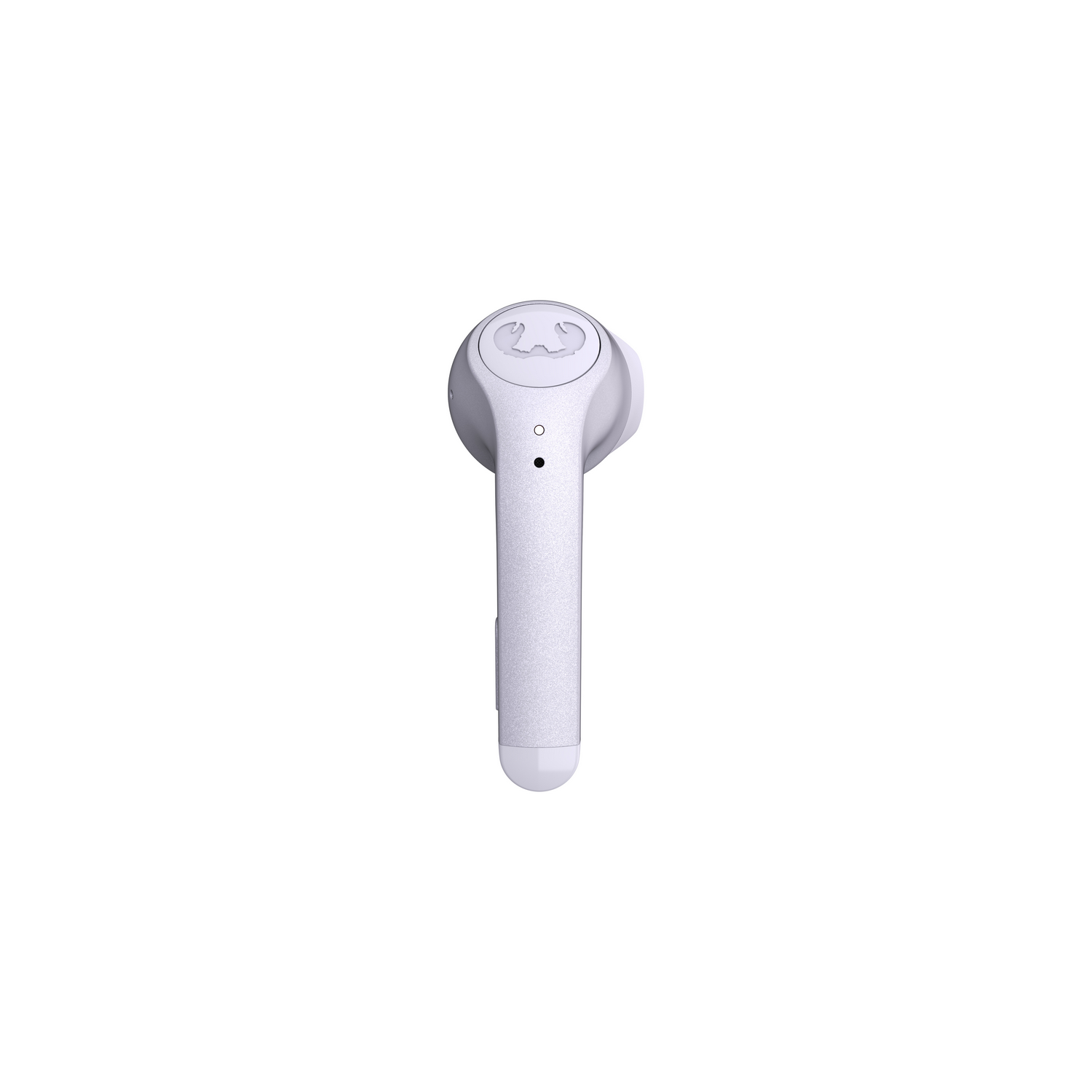 A single white wireless earbud on a white background. It has a light and a microphone.