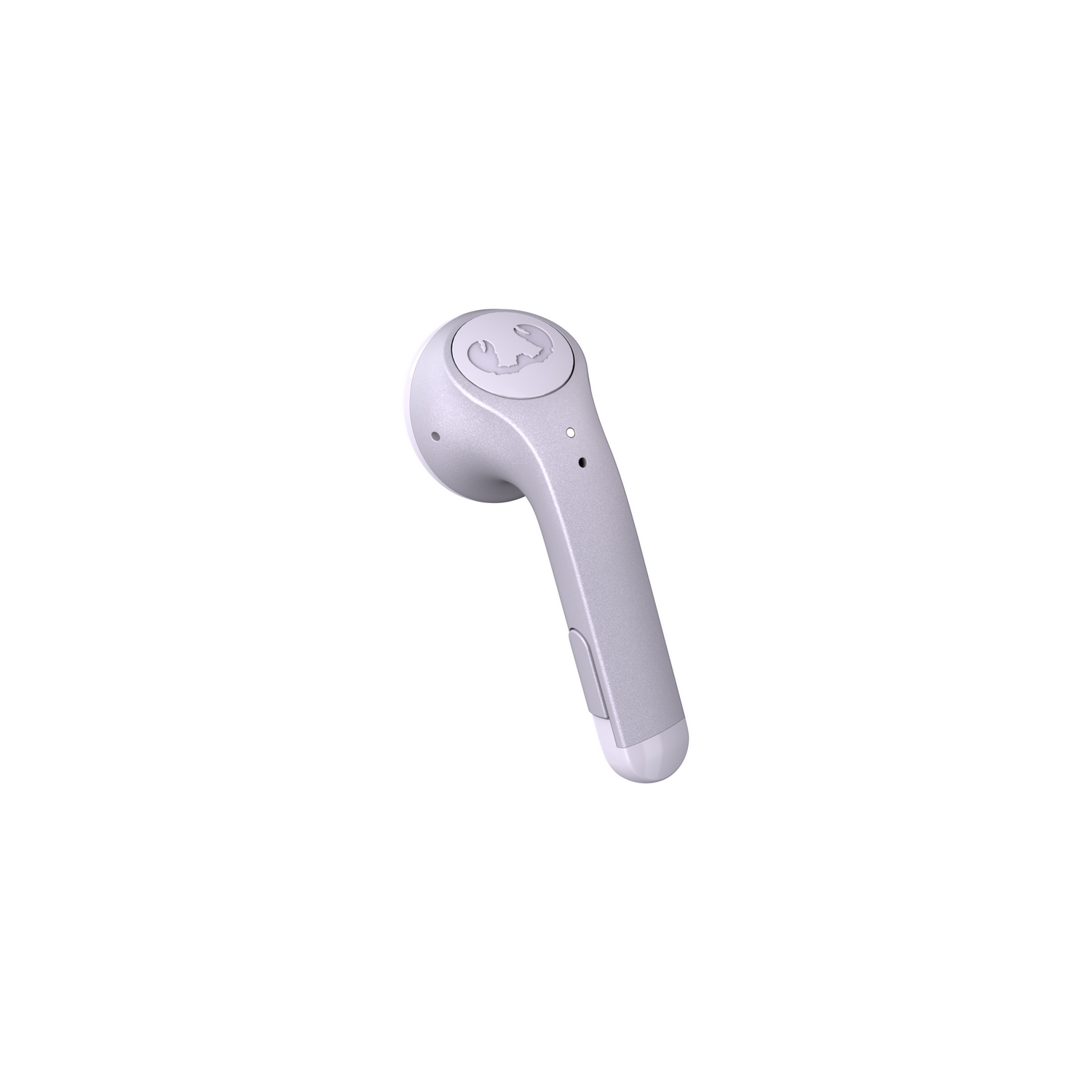 A small, silver, wireless earbud with a rounded top and a stem, isolated on a white background.