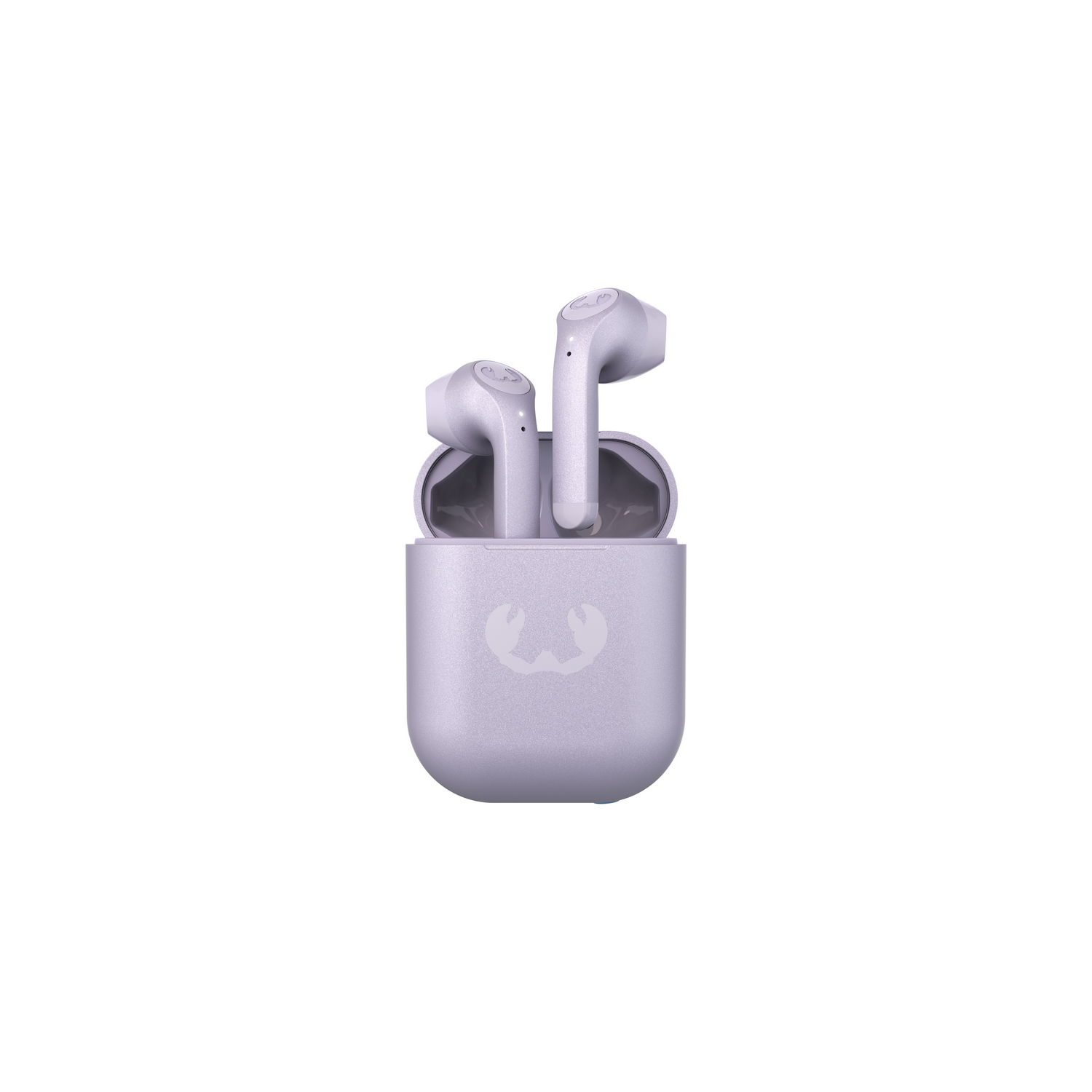 Two wireless earbuds in charging case. Light purple, white background.