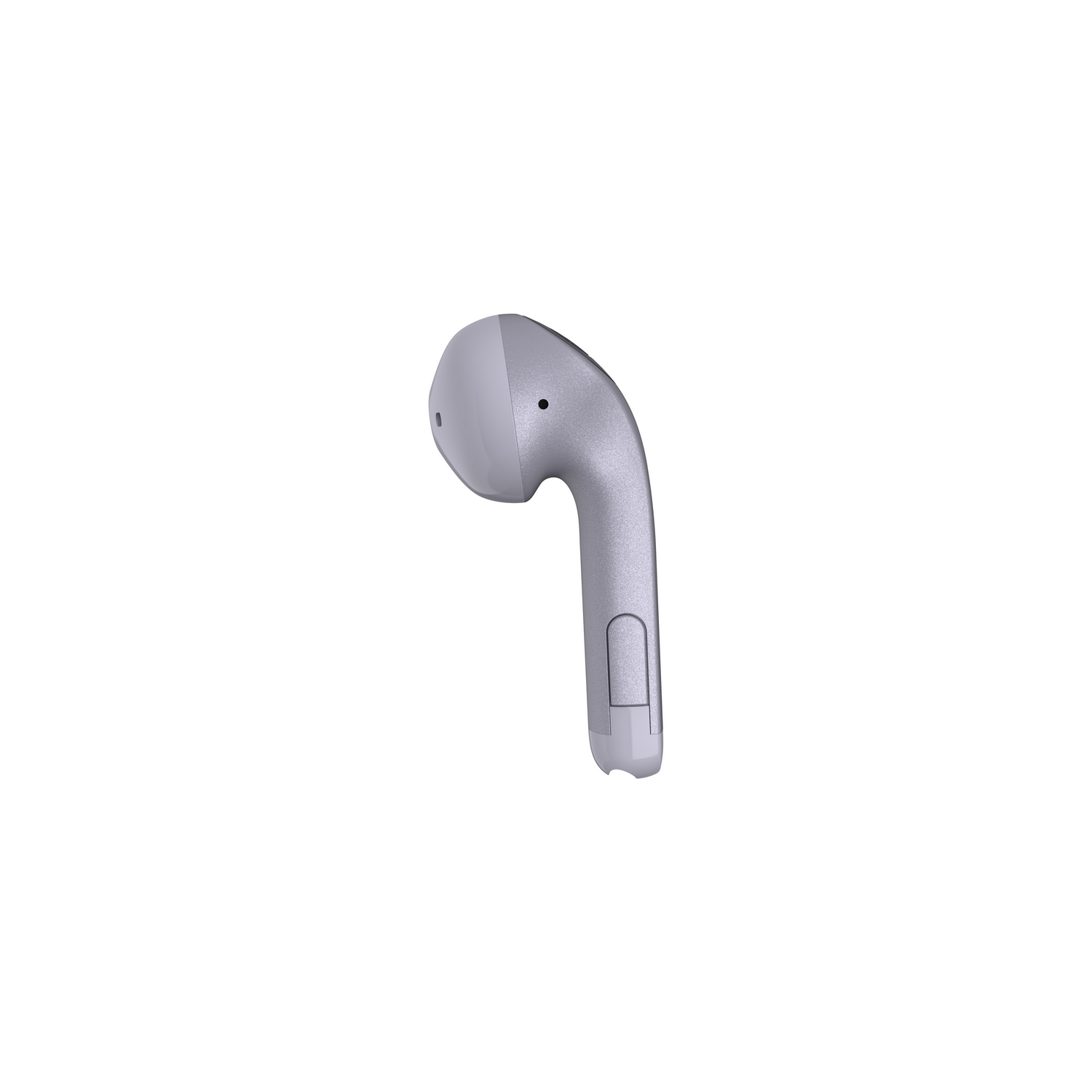 A light-colored earbud is on a white background.