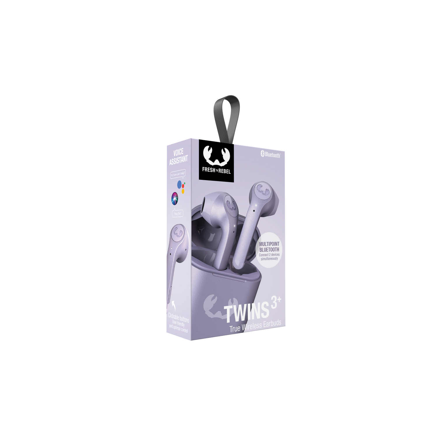 Earbuds in a box. Box is lavender with text and a black handle.