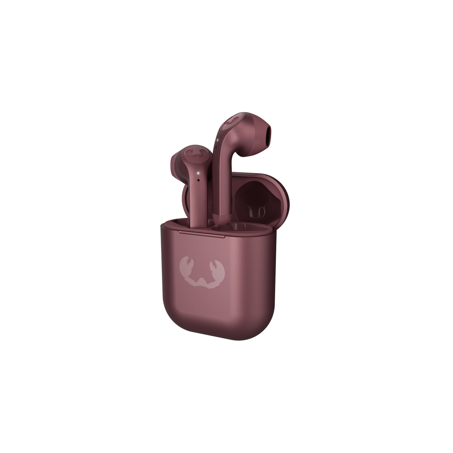 Draadloze oordopjes en oplaadcase, in een mauve kleur. De case is open, met de oordopjes erin.