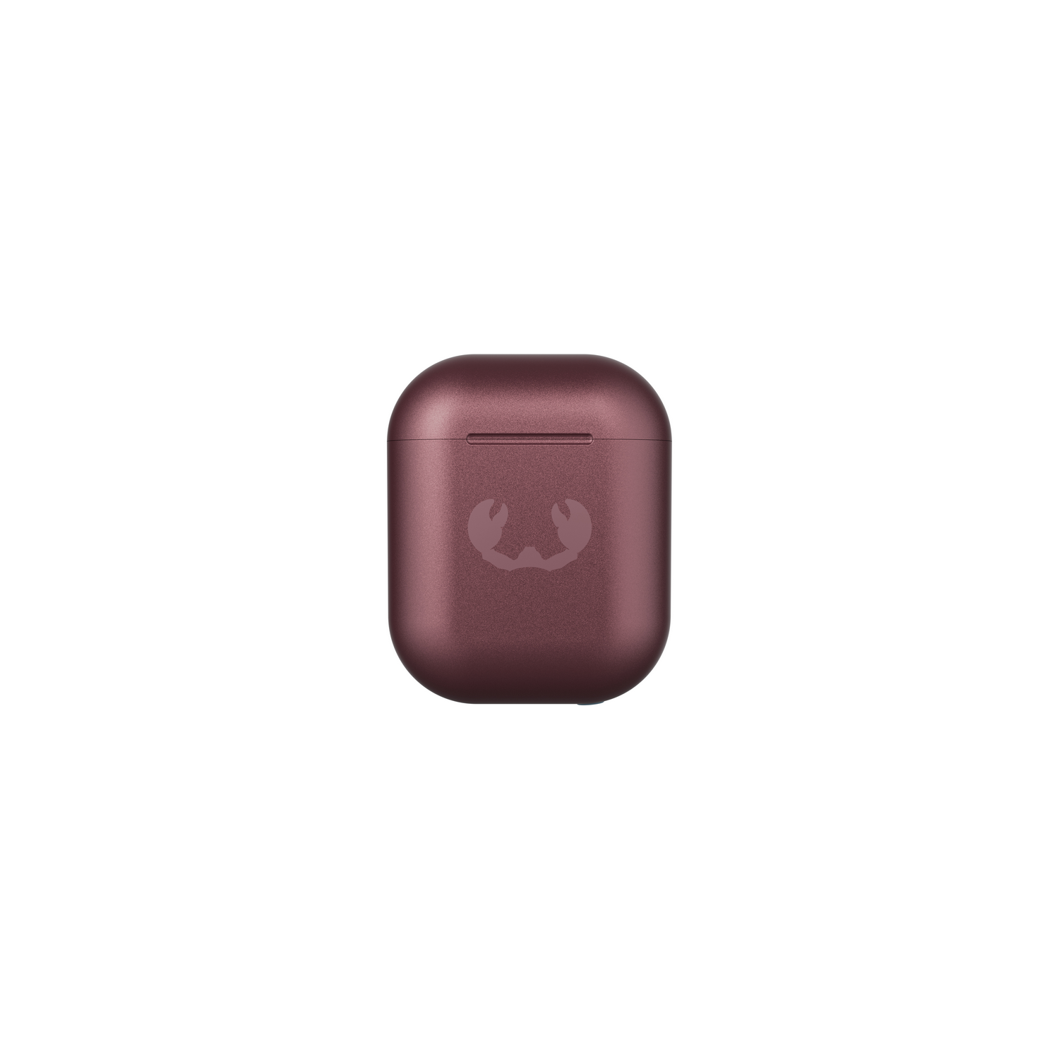 Bordeauxrode oplaadcase voor oortelefoons. De case heeft het merklogo aan de voorkant.