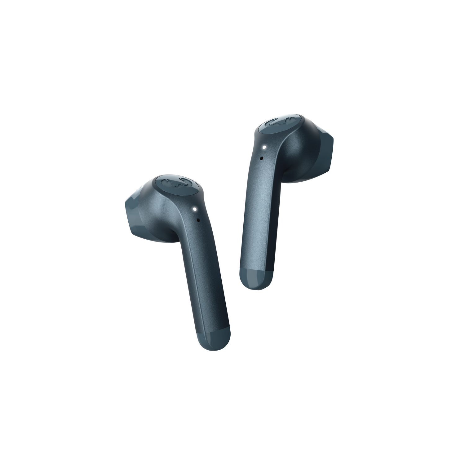 Two teal wireless earbuds, angled slightly, against a white background. 