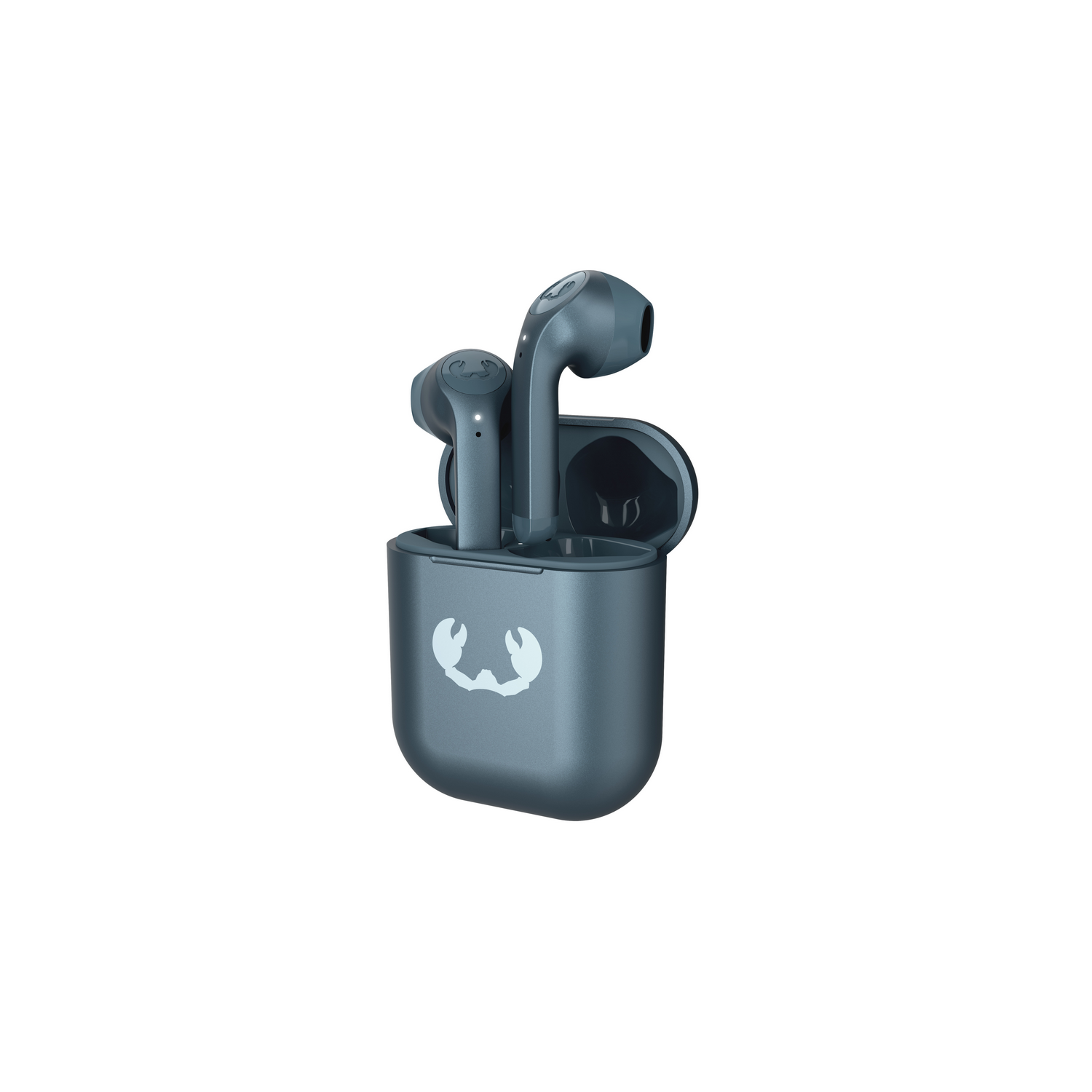 Blue wireless earbuds in a charging case. The case has a white logo.