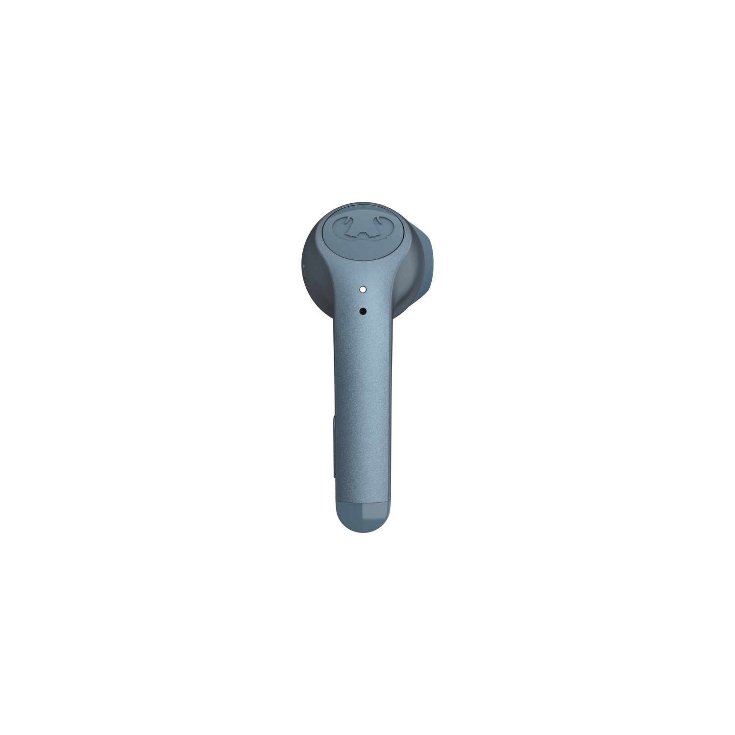 A single blue wireless earbud. The earbud is on a white background.