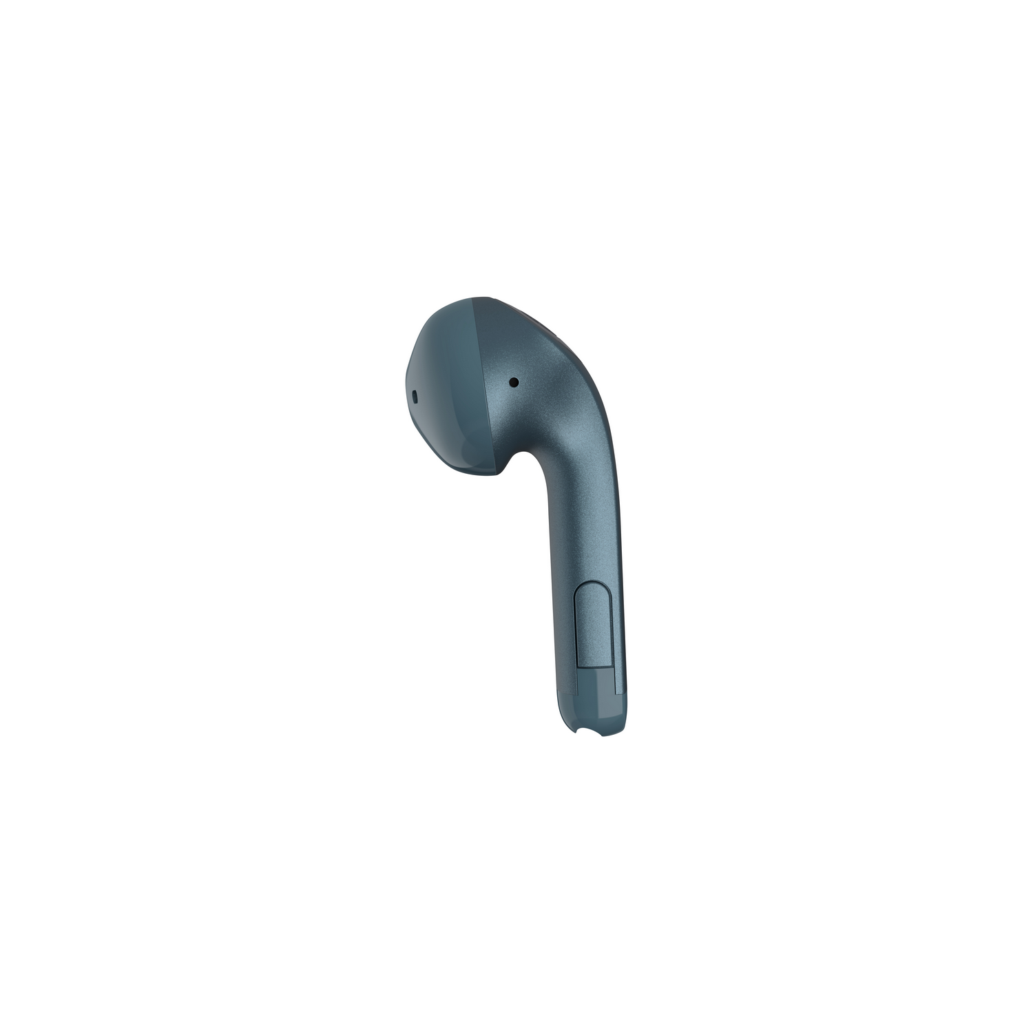 A single blue wireless earbud, on a white background, from a top view.