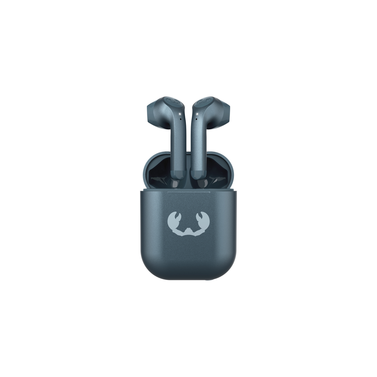 Pair of blue earbuds in a blue charging case. White background.