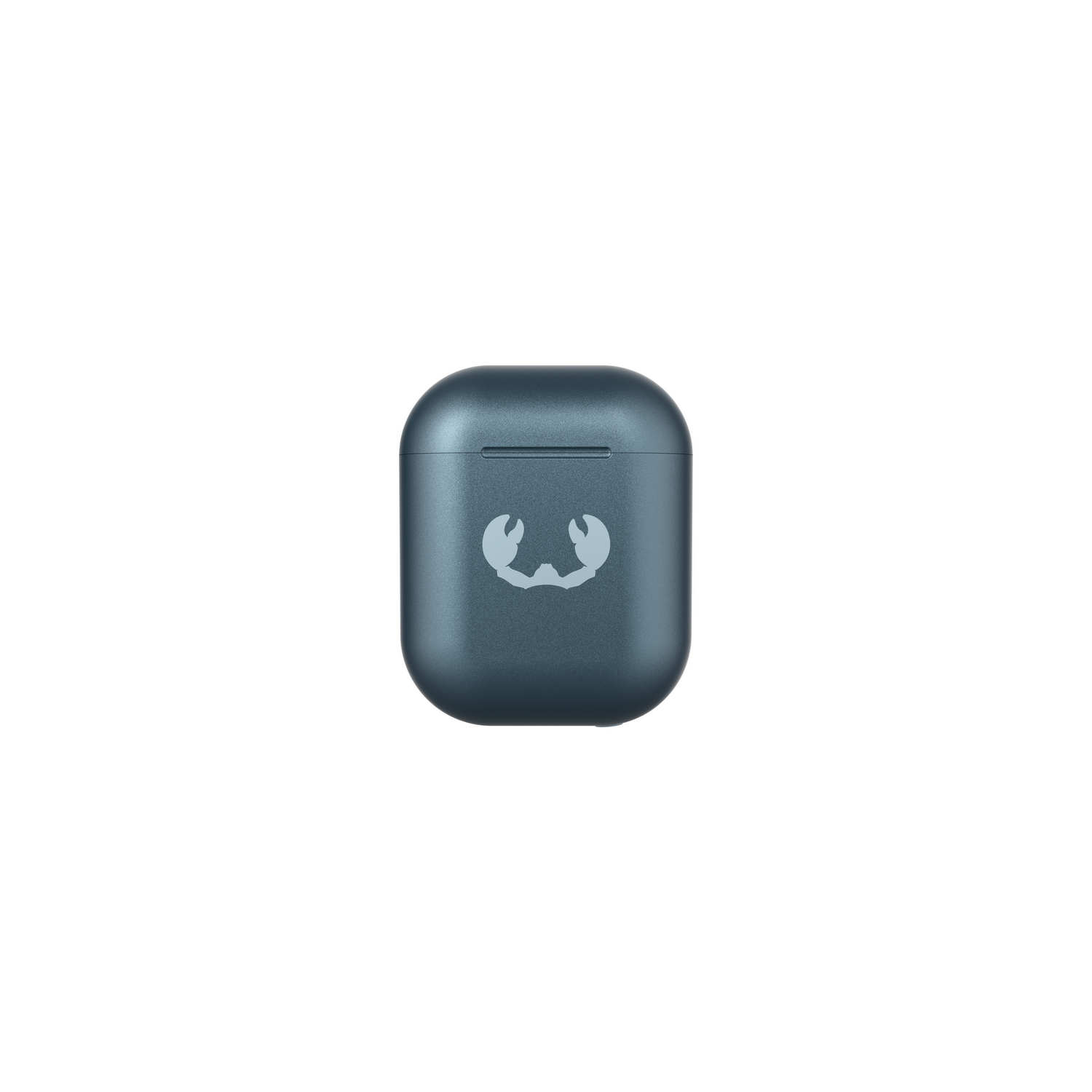Blue wireless earbuds charging case, crab logo. White background.