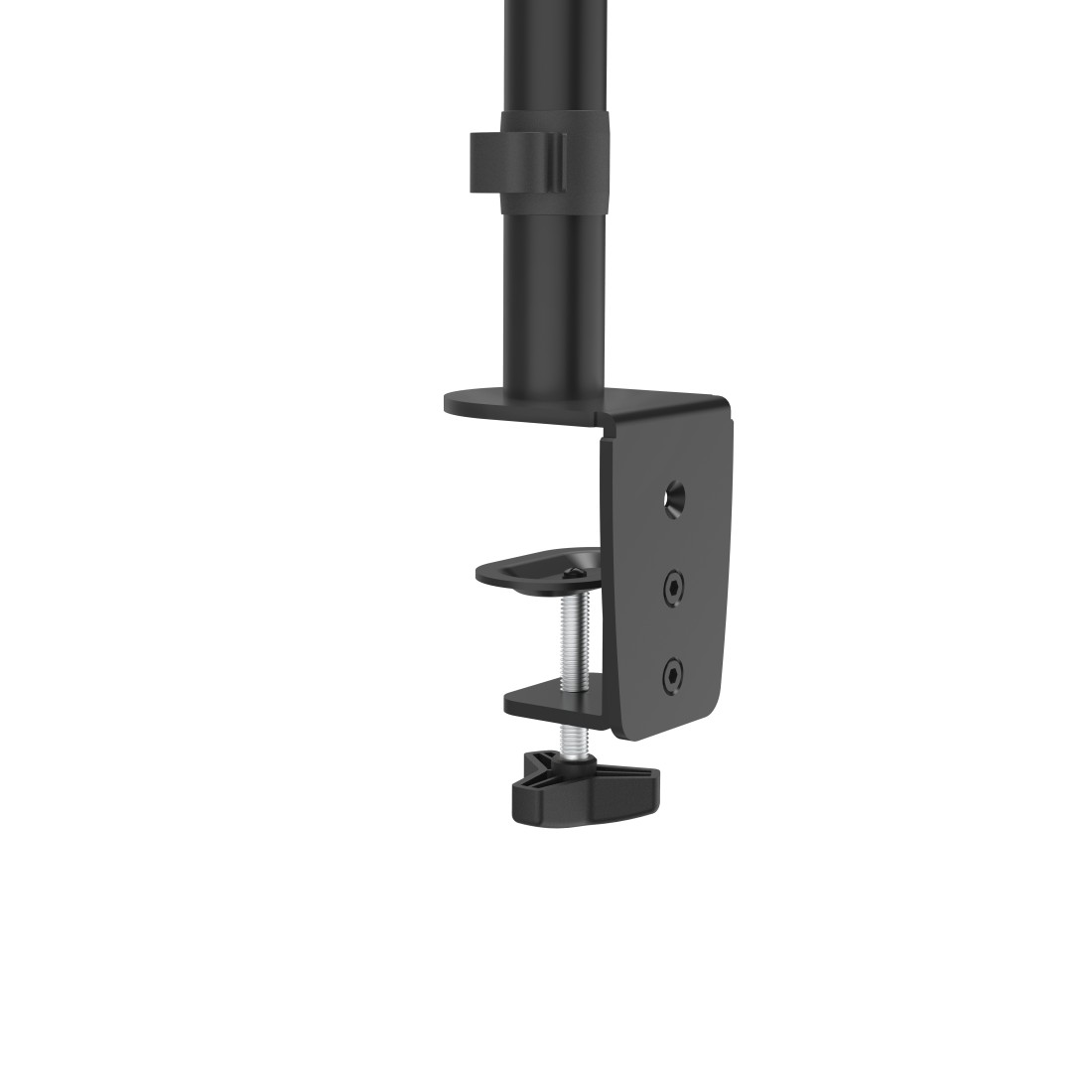 Una abrazadera negra de montaje de monitor con un tornillo y una perilla.