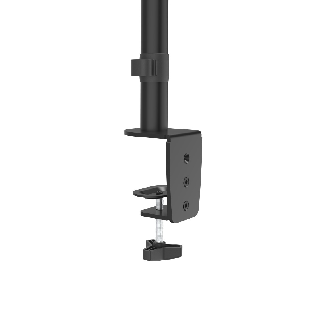 Soporte de monitor negro, abrazadera ajustable. Fondo blanco.