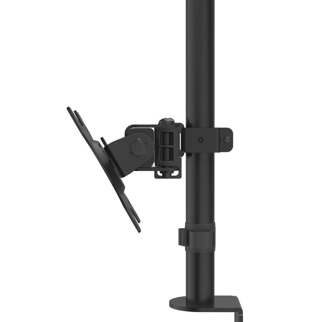 Un soporte de monitor negro está sujeto a un poste negro.