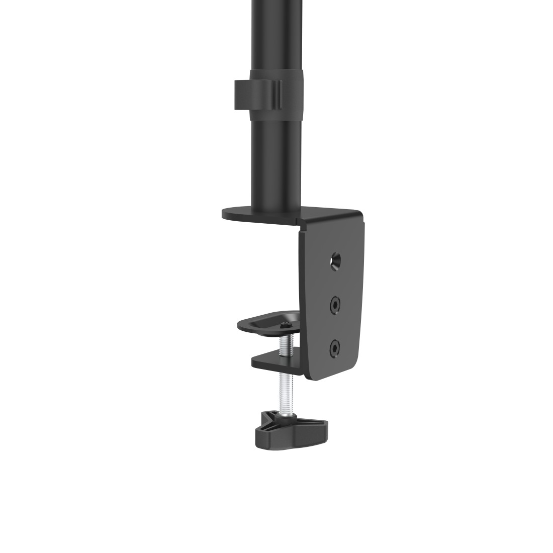 Abrazadera de soporte de monitor negro con un tornillo y un brazo ajustable negro. El fondo es blanco.