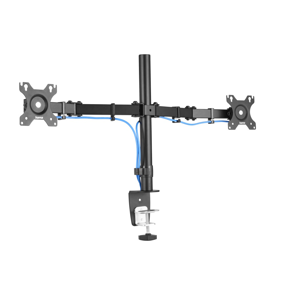 Soporte negro para monitor con dos brazos y cables azules.