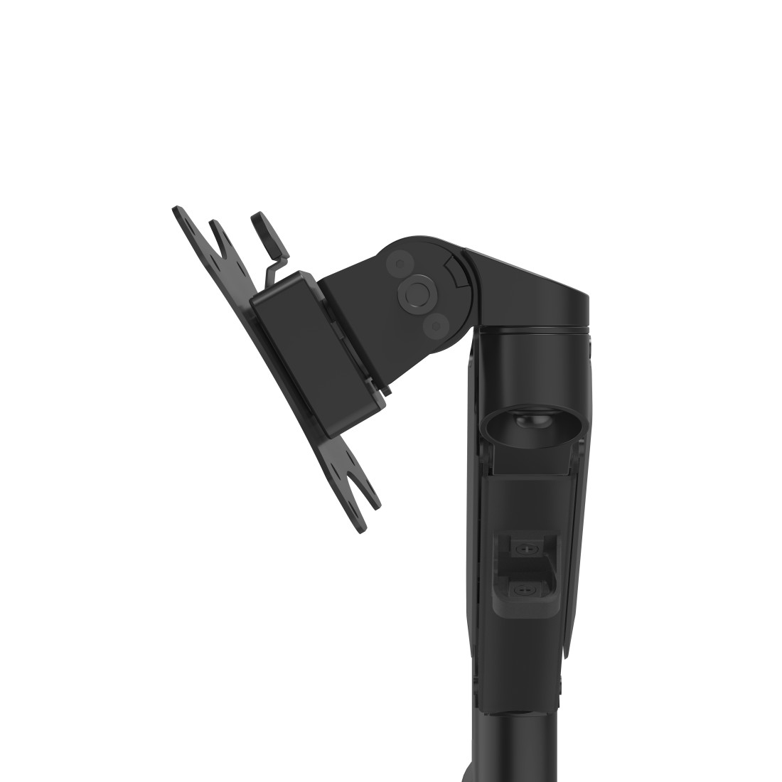 Brazo de monitor negro, en ángulo. El brazo está extendido y sostiene un soporte de pantalla.