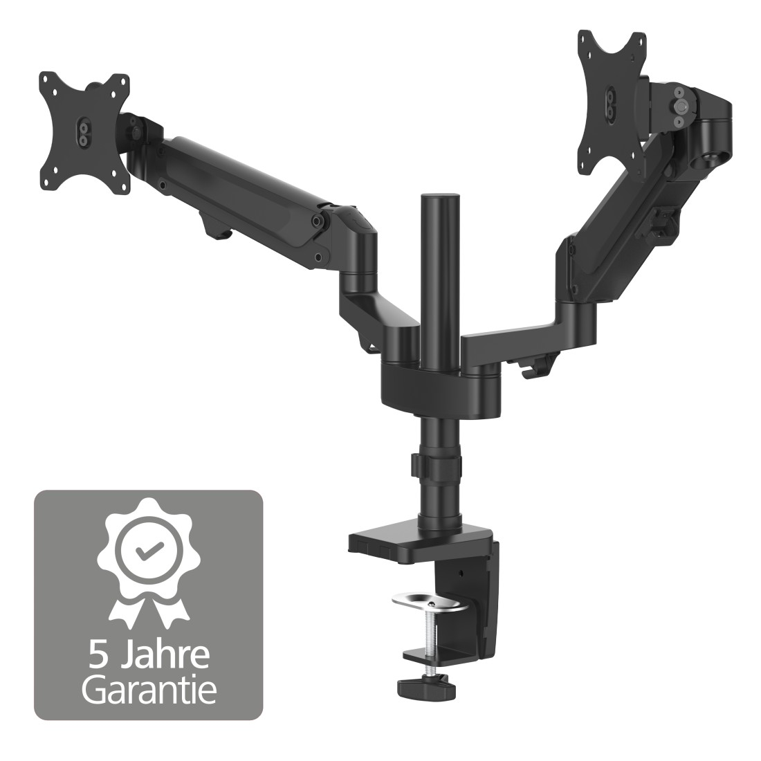 Brazo para monitor para dos pantallas. Negro, con abrazadera y etiqueta '5 Jahre Garantie'.