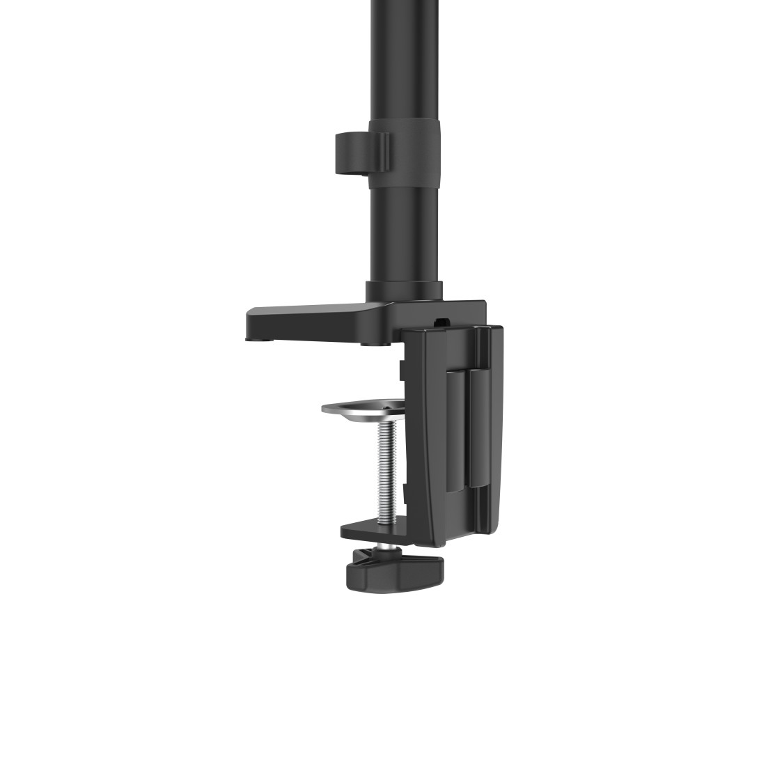 Un soporte de monitor negro con una abrazadera de tornillo, desde un ángulo lateral.