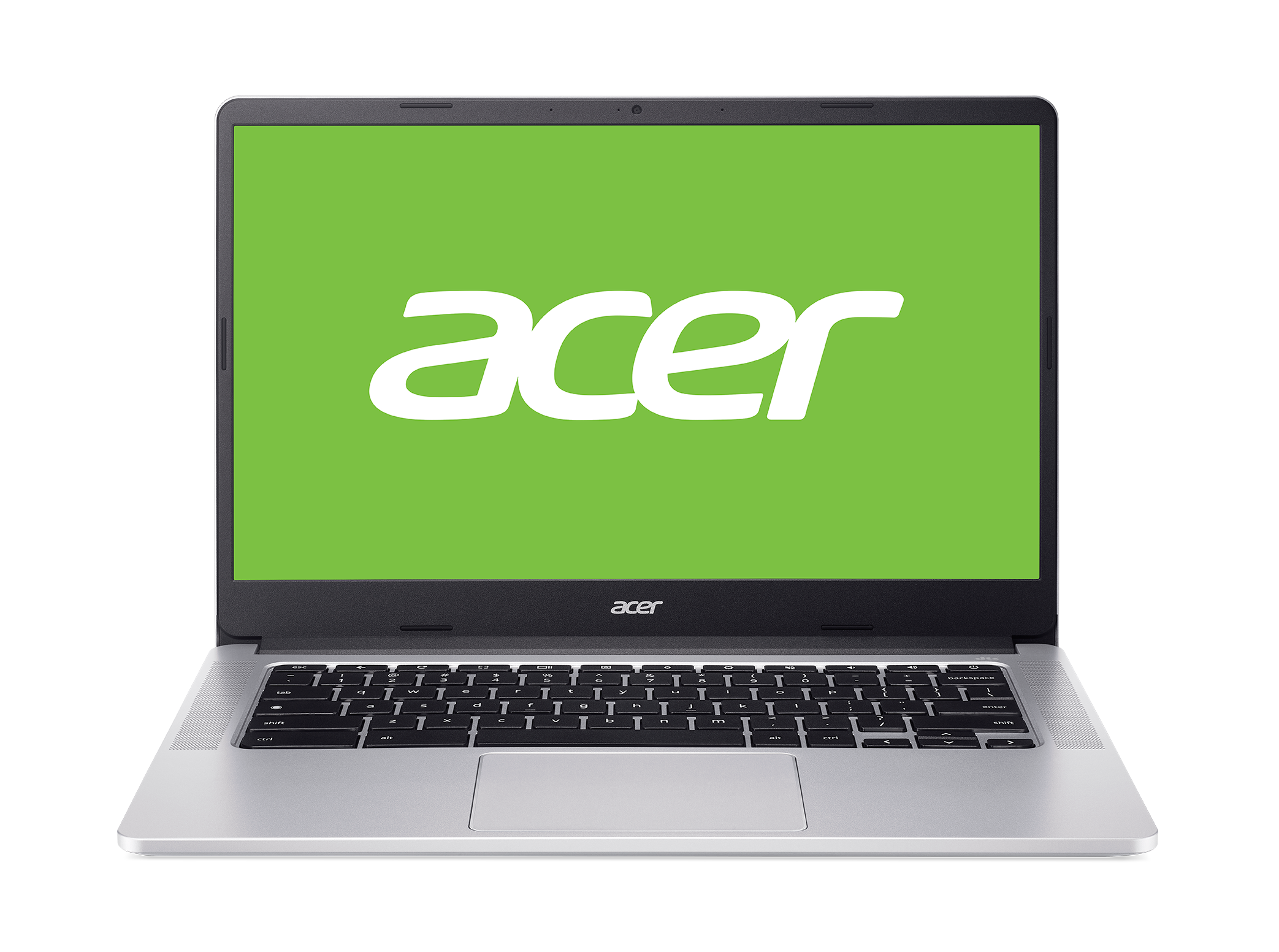 Laptop Acer con pantalla verde mostrando la palabra "acer". Marco negro, teclado negro.