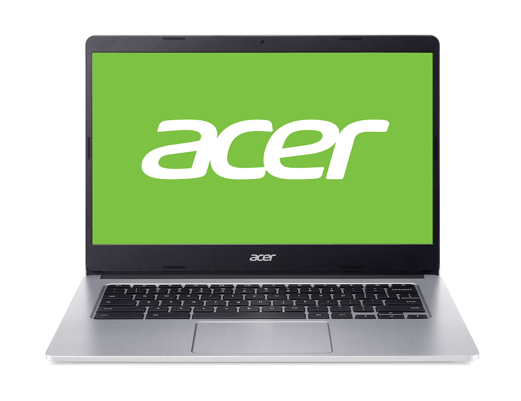 Portátil Acer con pantalla verde. Cuerpo plateado, teclado negro y pantalla muestra el logotipo de Acer.