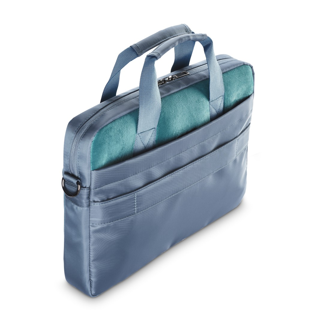 Blaue Laptoptasche mit tealfarbenem Innenraum. Mit Taschen und Griffen.