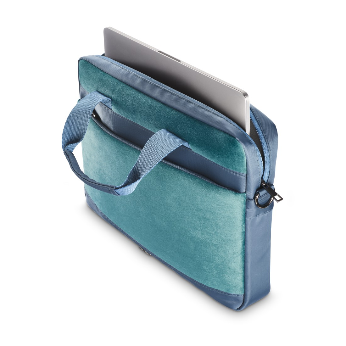 Türkis Laptop-Hülle, mit Laptop darin, blauem Griff und Reißverschluss. Weißer Hintergrund.