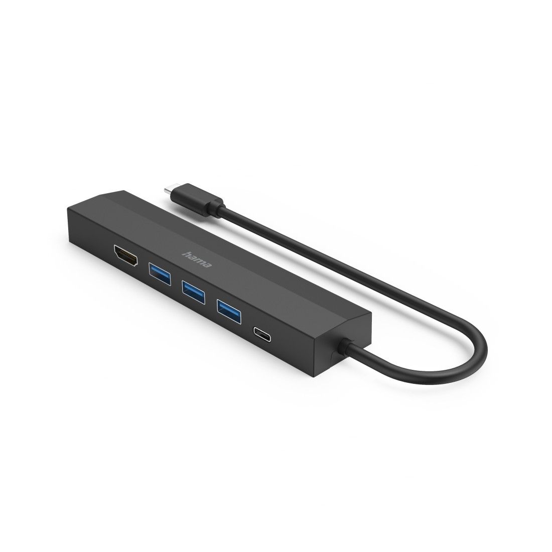 Ein schwarzer USB-C-Hub mit mehreren Anschlüssen: HDMI, USB und USB-C. Er hat ein angeschlossenes USB-C-Kabel.