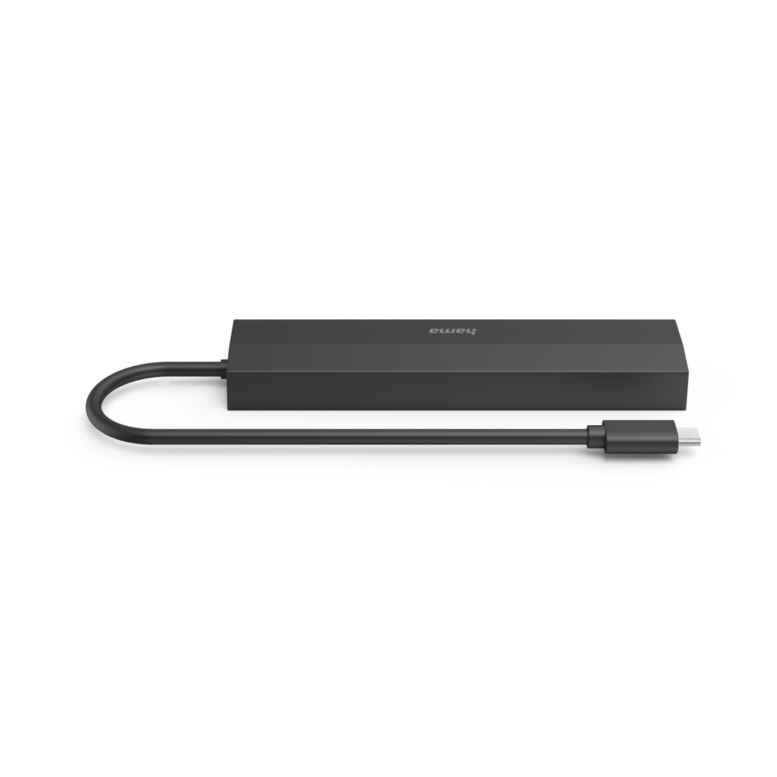 Ein schwarzer Hama USB-C-Hub mit Kabel, auf weißem Hintergrund.