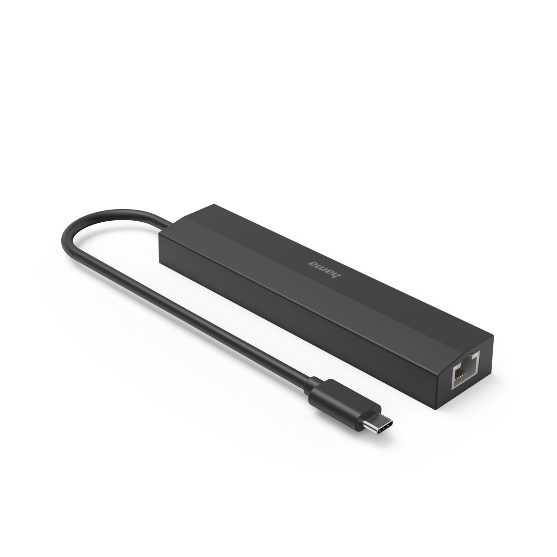 Schwarzer Hama USB-C-zu-Ethernet-Adapter. Der Adapter ist rechteckig mit USB-C- und Ethernet-Anschluss.