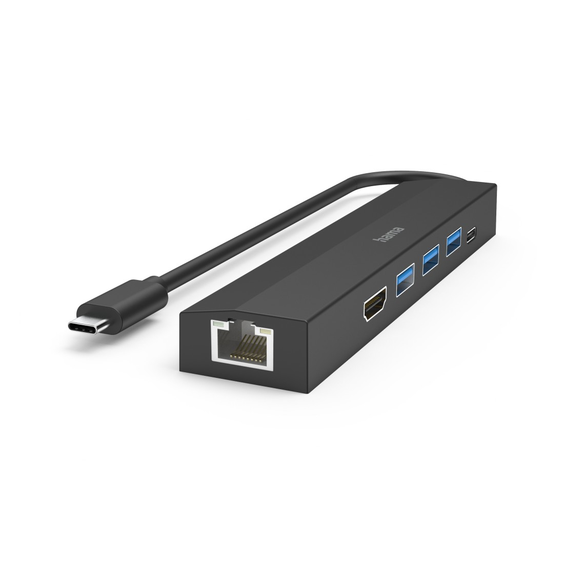 Schwarzer USB-C-Hub mit mehreren Anschlüssen. Er hat einen Ethernet-Anschluss und USB-Anschlüsse.