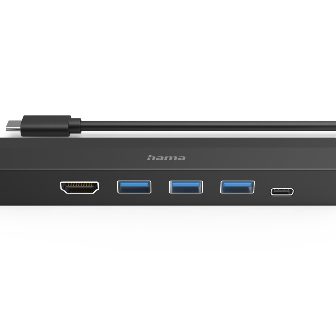 Schwarzer Hama USB-Hub mit HDMI, USB und USB-C Anschlüssen. Kabel angebracht.