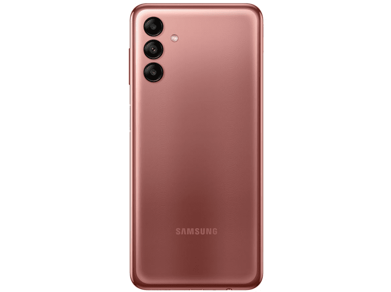 Pembe bir Samsung telefonun üç kameralı arka yüzü. Siyah arkaplan.