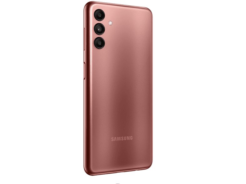 Üç arka kamerası olan gül rengi bir Samsung akıllı telefon.