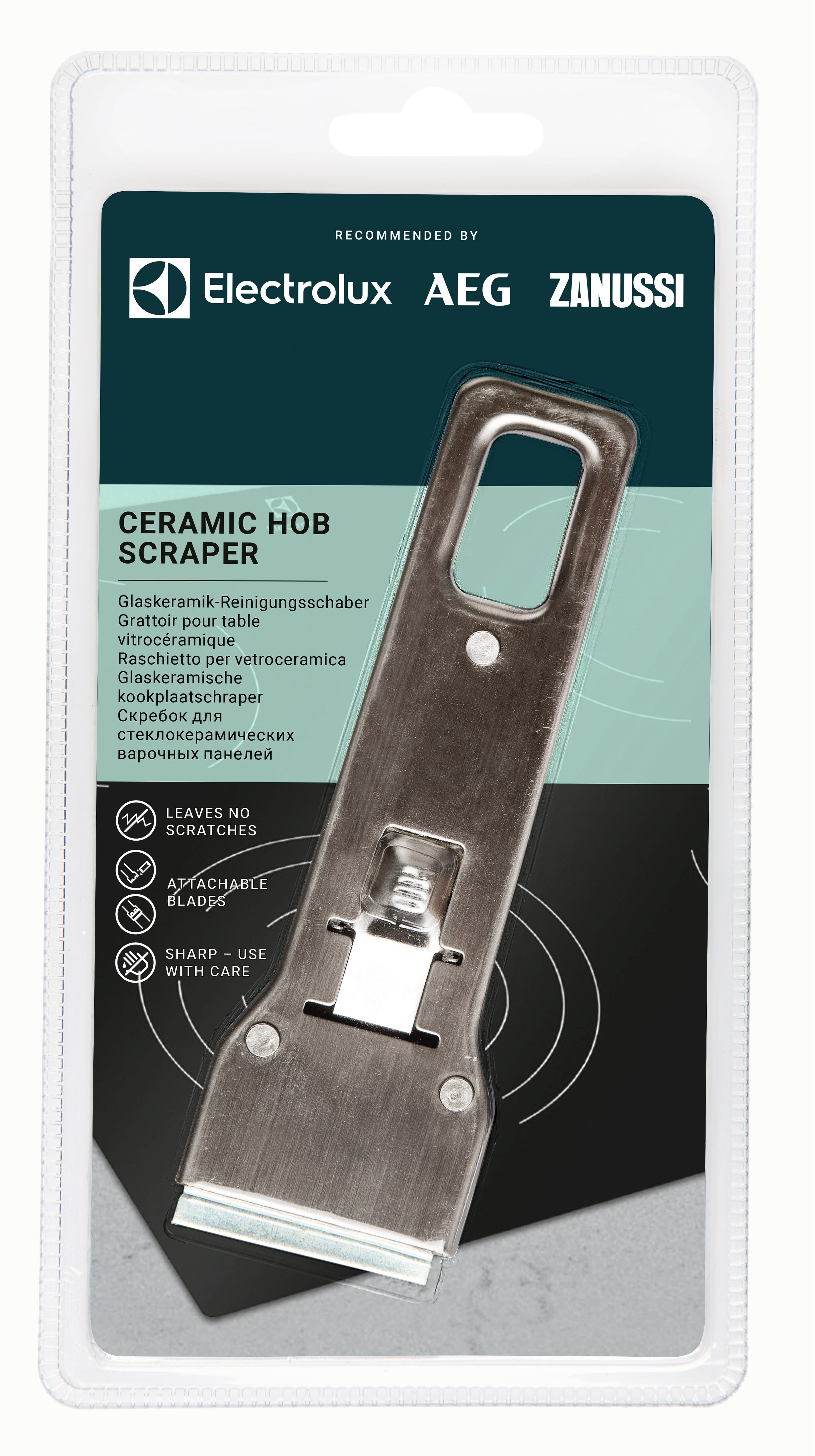 Pakette Electrolux seramik ocak kazıyıcı. Metin: Ceramic Hob Scraper.