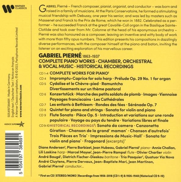 Buchcover mit Text über Gabriel Pierné und seine Werke. Enthält den Titel und eine Liste der Kompositionen.