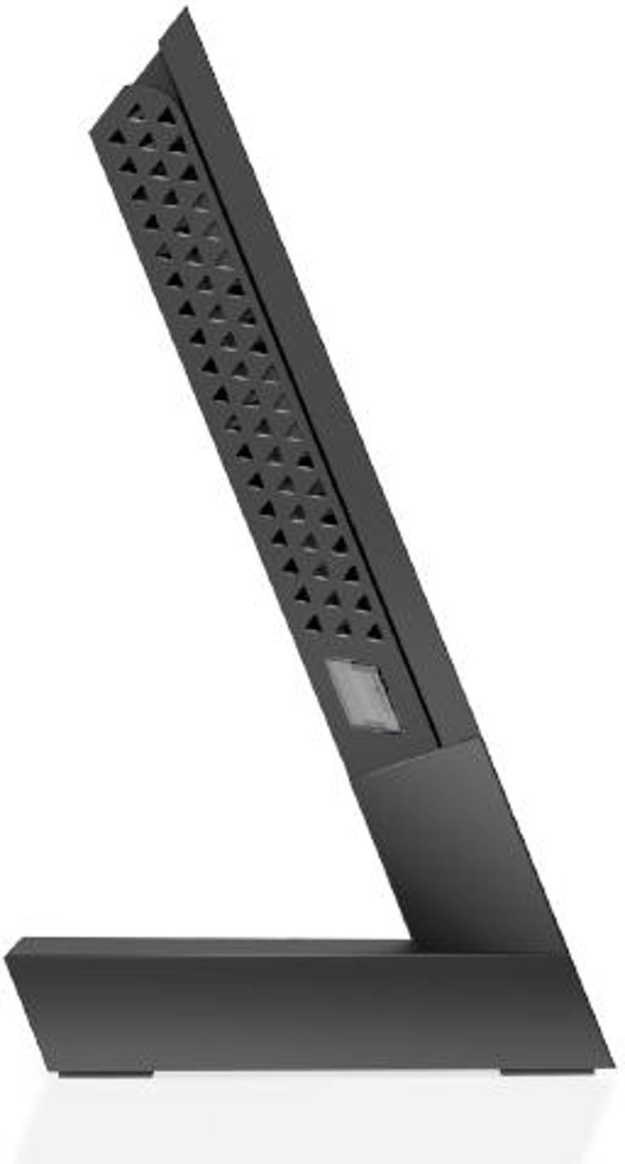 Schwarzer WLAN-Router, schräge Ansicht. Merkmale sind Lüftungsschlitze und eine kleine Kontrollleuchte.