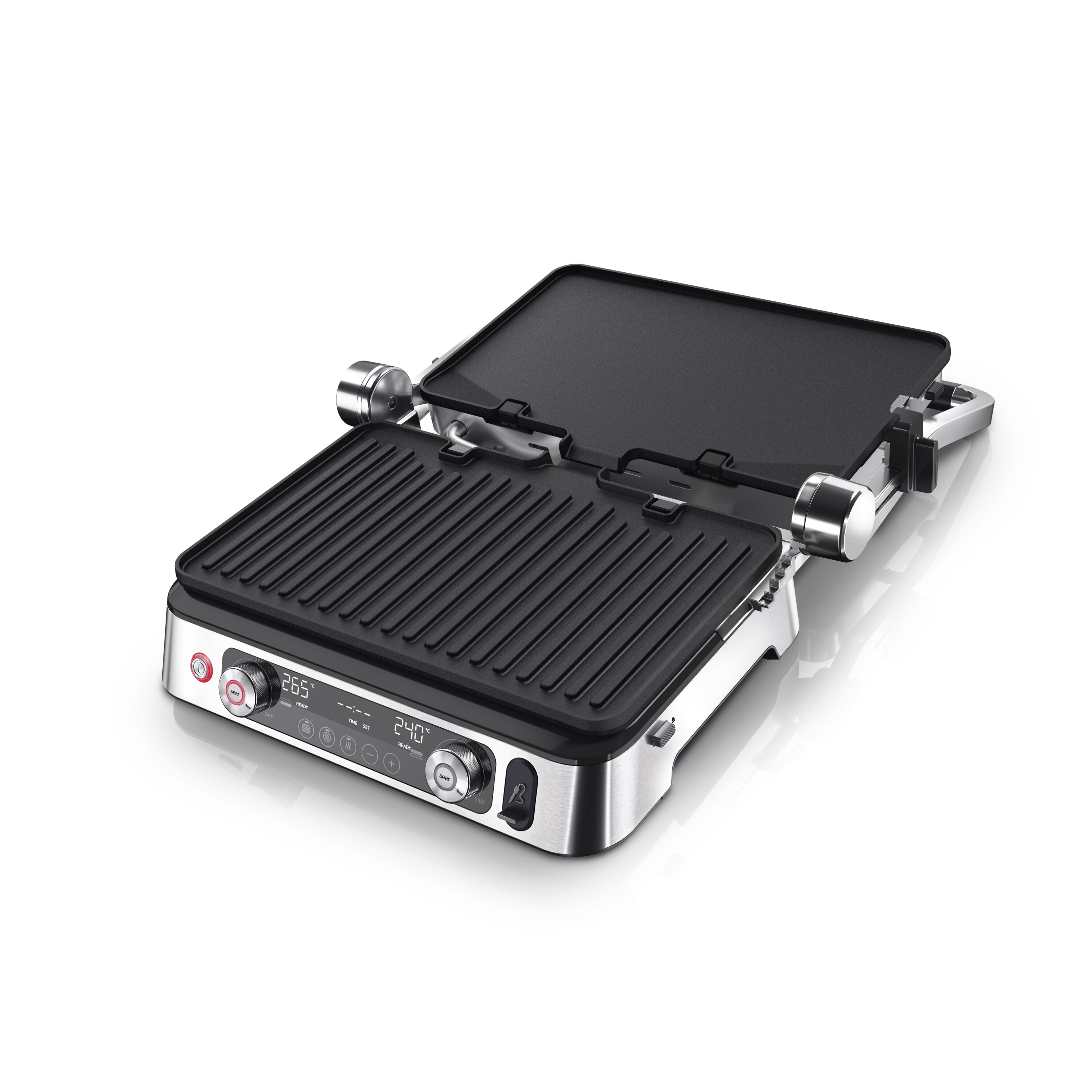 Offener Edelstahlgrill mit schwarzen Grillplatten und Bedienfeld, weißer Hintergrund.