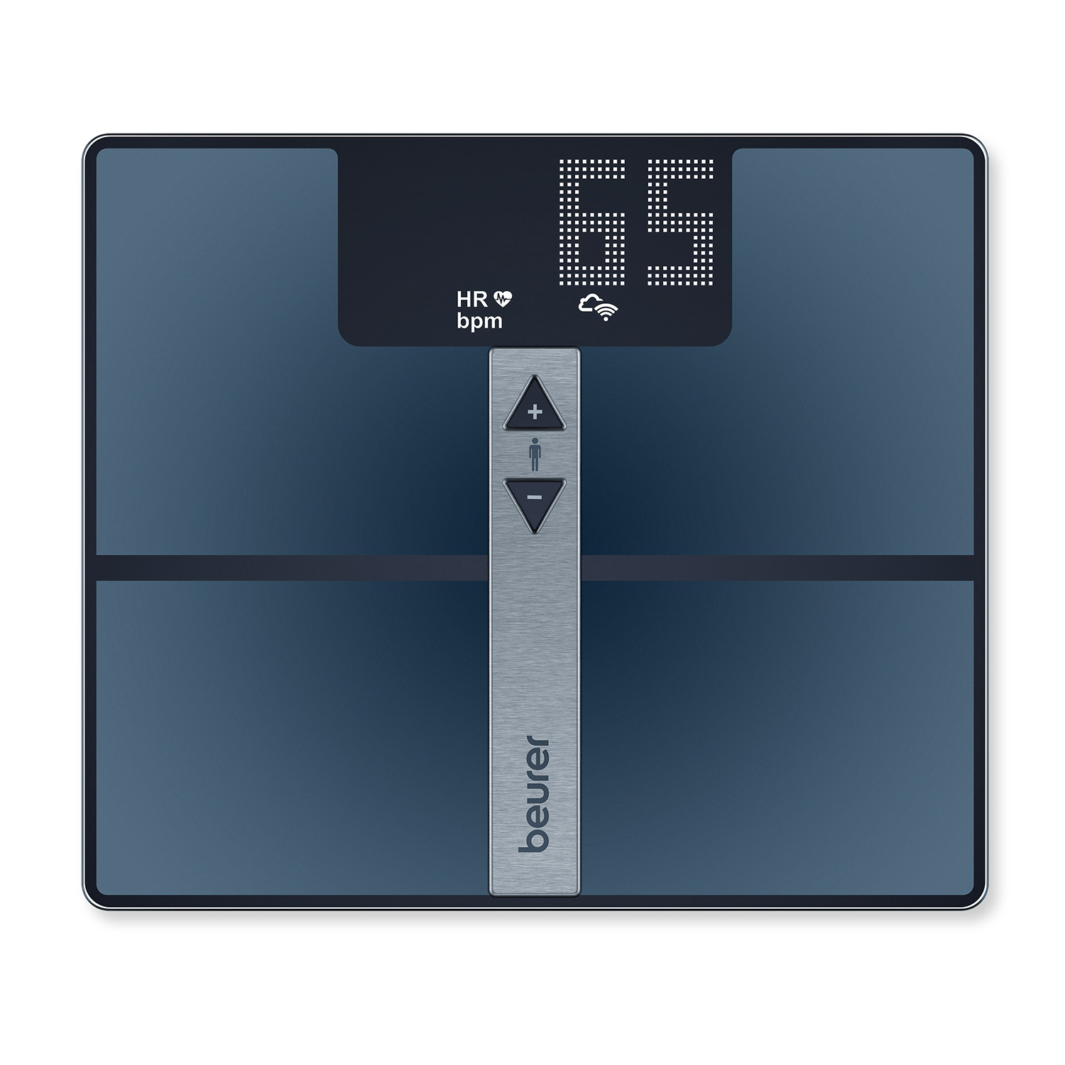 Una bilancia digitale che mostra 65 con HR bpm e un logo Beurer.