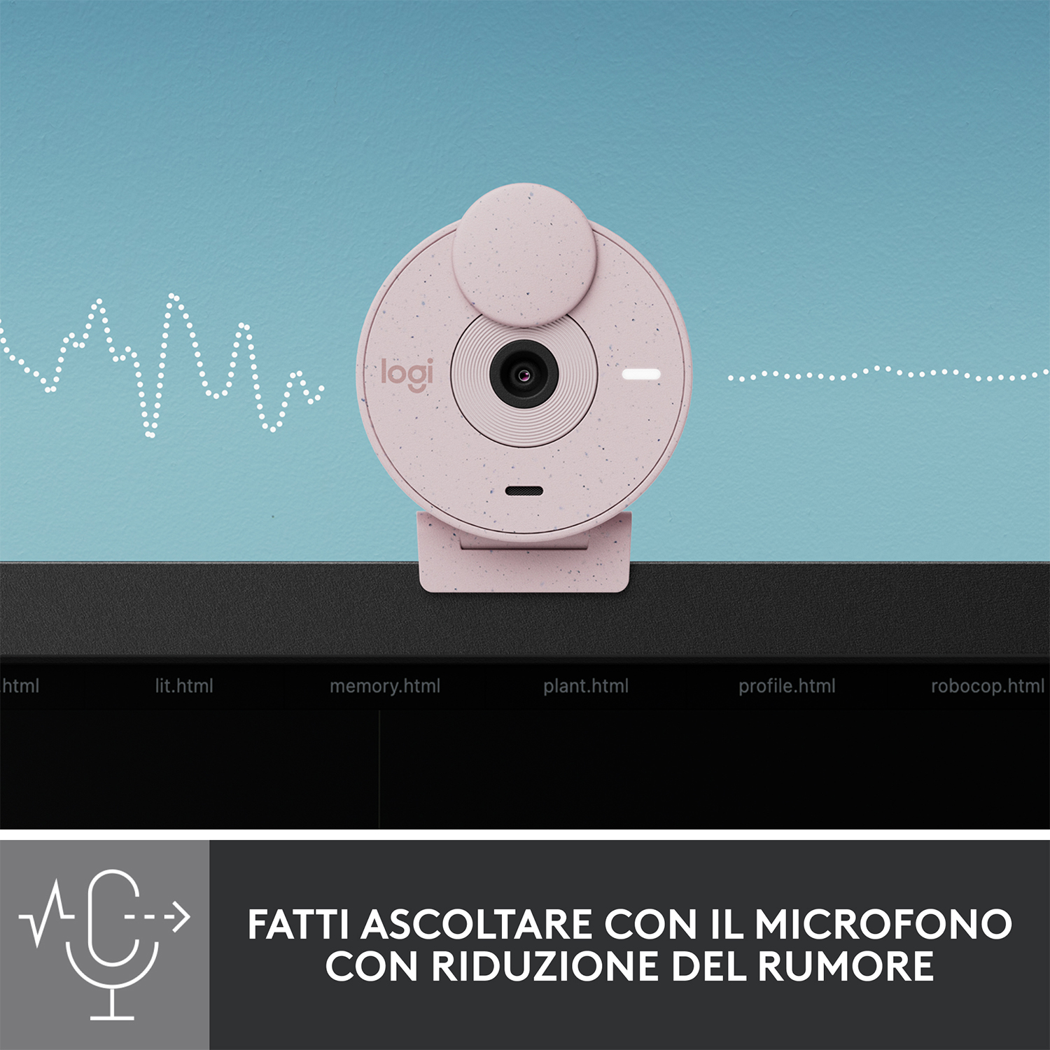 Webcam rosa con un'icona del microfono e testo sulla riduzione del rumore, su una superficie nera.