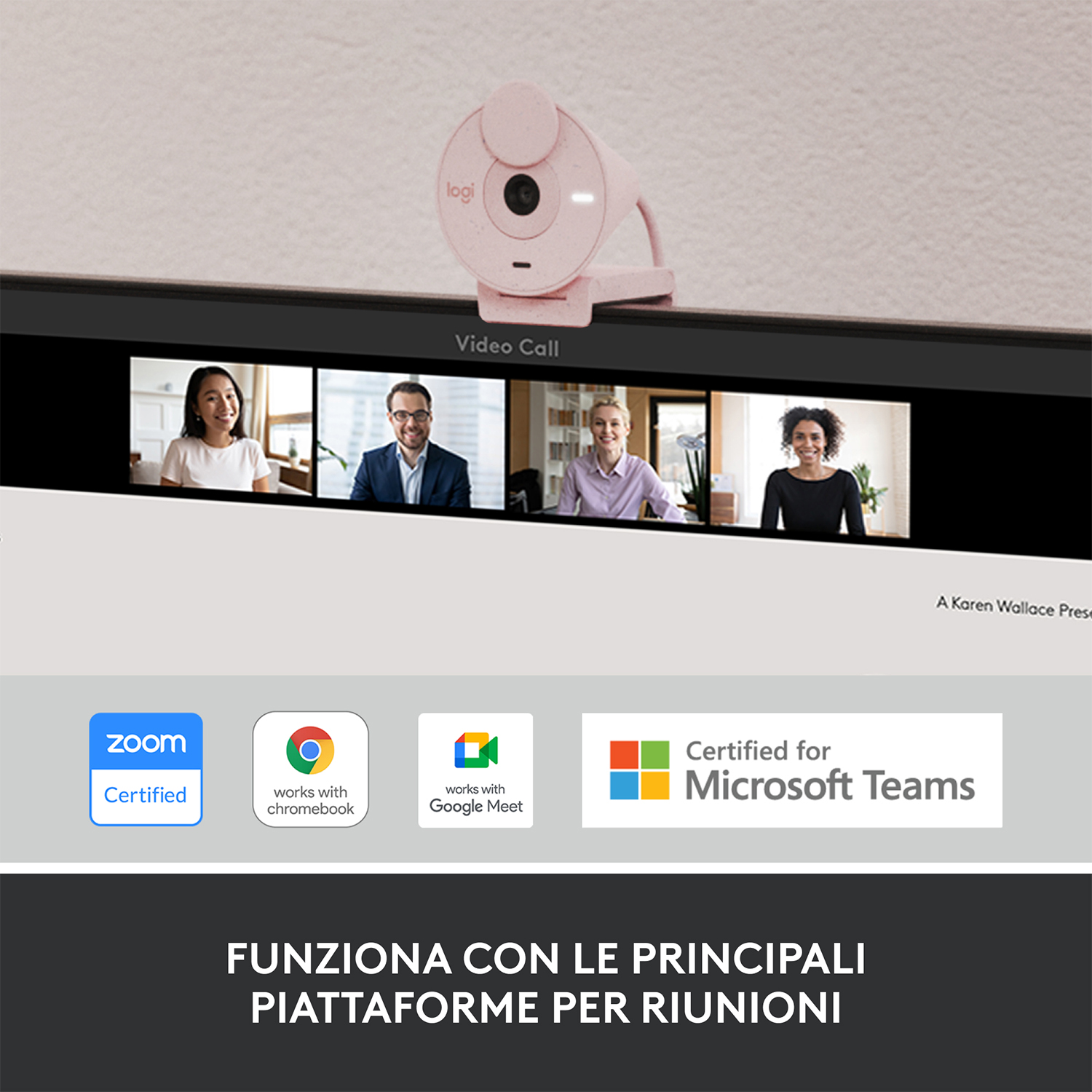 Una webcam rosa sopra uno schermo che mostra una videochiamata.