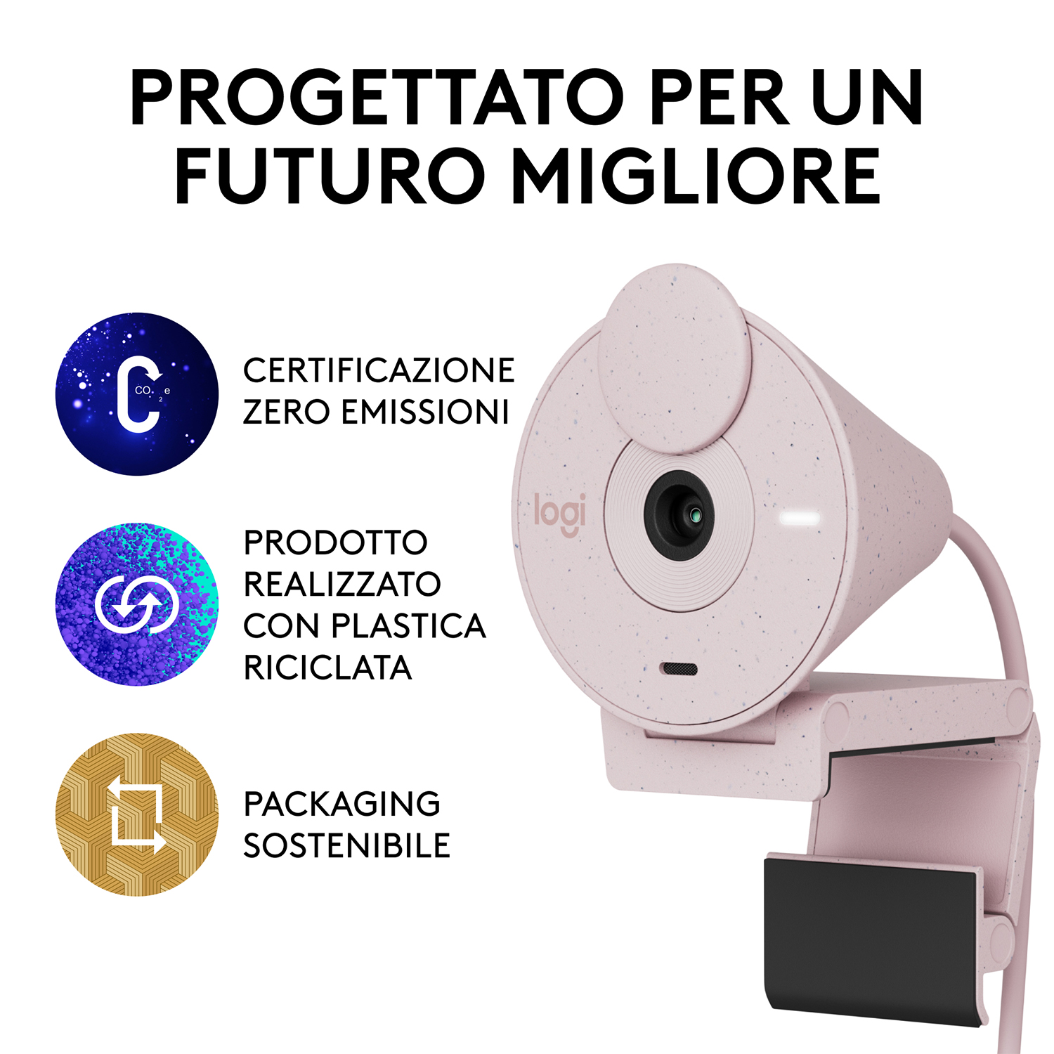 Una webcam rosa con testo sulle caratteristiche sostenibili e sugli elementi di design.