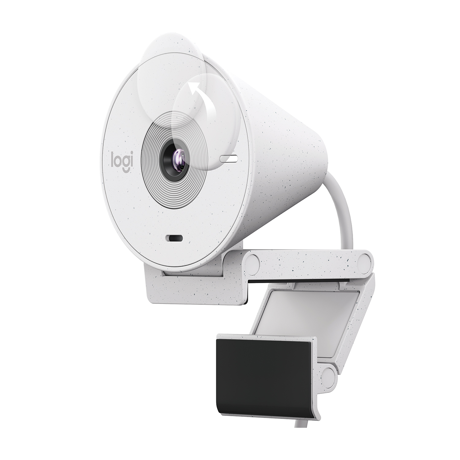 Una webcam bianca con lente circolare e schermo nero sulla base.